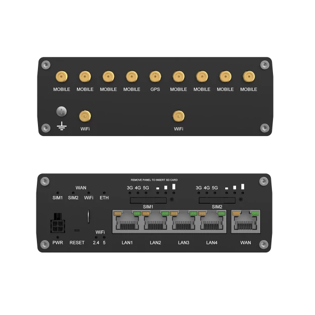 Enrutador Industrial 5G Teltonika RUTM52 Dual Procesador de señal Dual tarjeta SIM eSIM Múltiples conexiones WAN Conectividad WiFi5 5 puertos Gigabit Ethernet