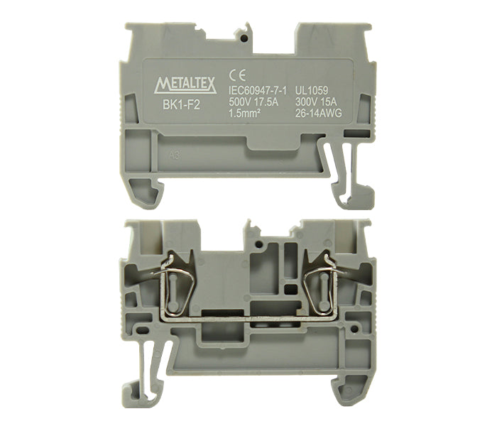 Bornera riel din 1.5mm² 17.5A libre mantenimiento con resorte BK1 - 3 vías - Gris