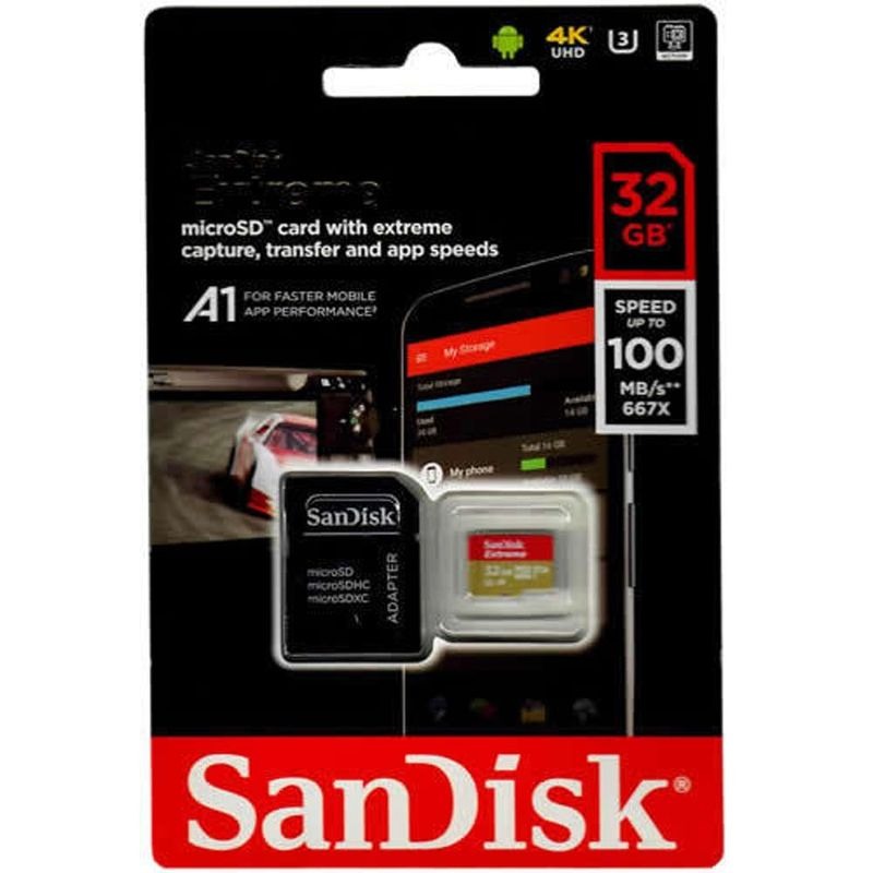 Tarjeta de Almacenamiento MicroSD 32GB Sandisk Extreme, Clase U3 V30 Compatibilidad 4K, Velocidad Lectura 100MB/s Velocidad Escritura 60MB/s