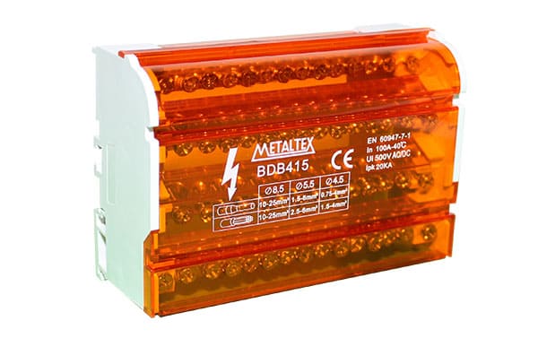 Bloque de distribución modular 100A 2 ó 4 polos serie BDB - 7 vías - 2 Polos