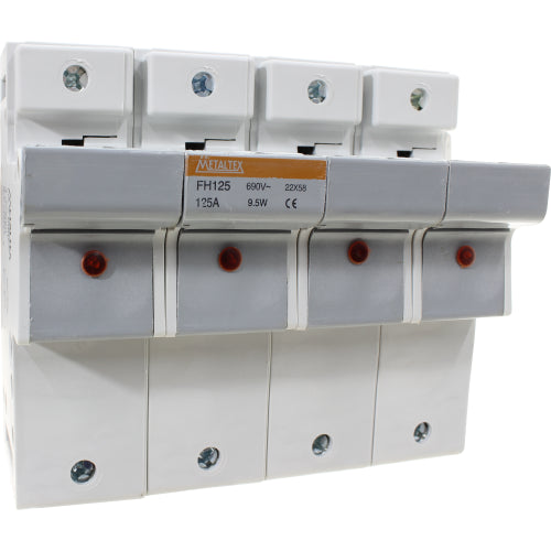 Portafusible metaltex 22x58mm 125A con identificador de fusible quemado serie FH - 3 Polos
