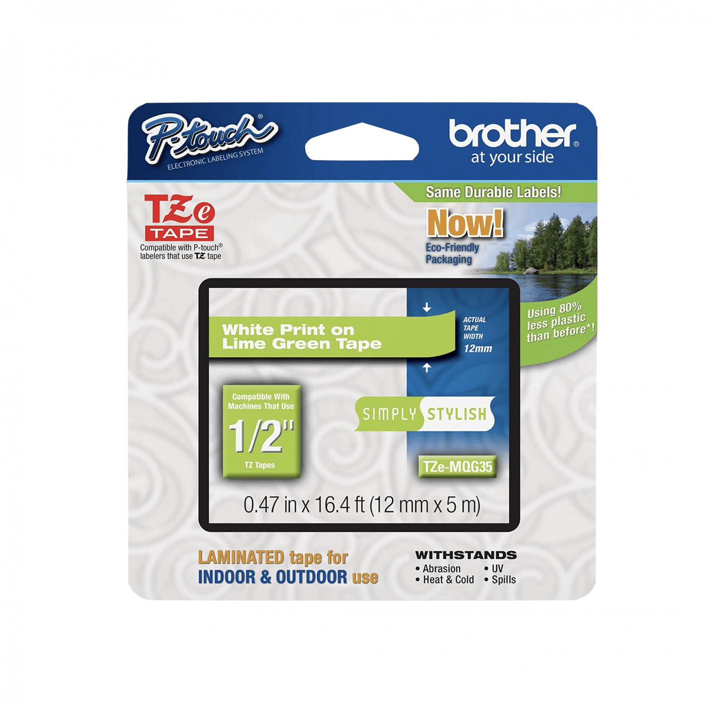 TZE-MQG35 BROTHER Cinta 12mm 5 metros Blanco sobre Fondo Verde-Lima para PT-H110/E300/H200