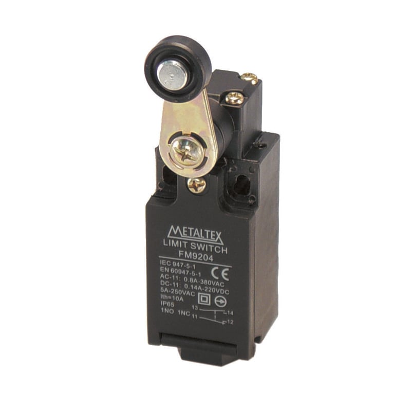 Fines de carrera plástico 5A/250VCA 1NA+1NC serie FM9 - Brazo ajustable con roldana