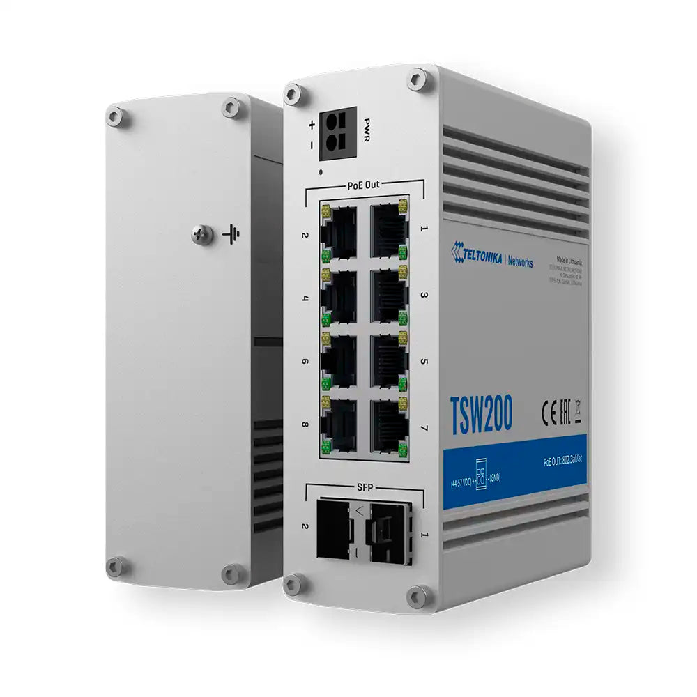 Conmutador Industrial PoE Teltonika TSW200, 8 interfaces LAN, alimentación PoE en puertos 1 al 8, velocidades 10/100/1000 Mbps, 2 ranuras de fibra SFP