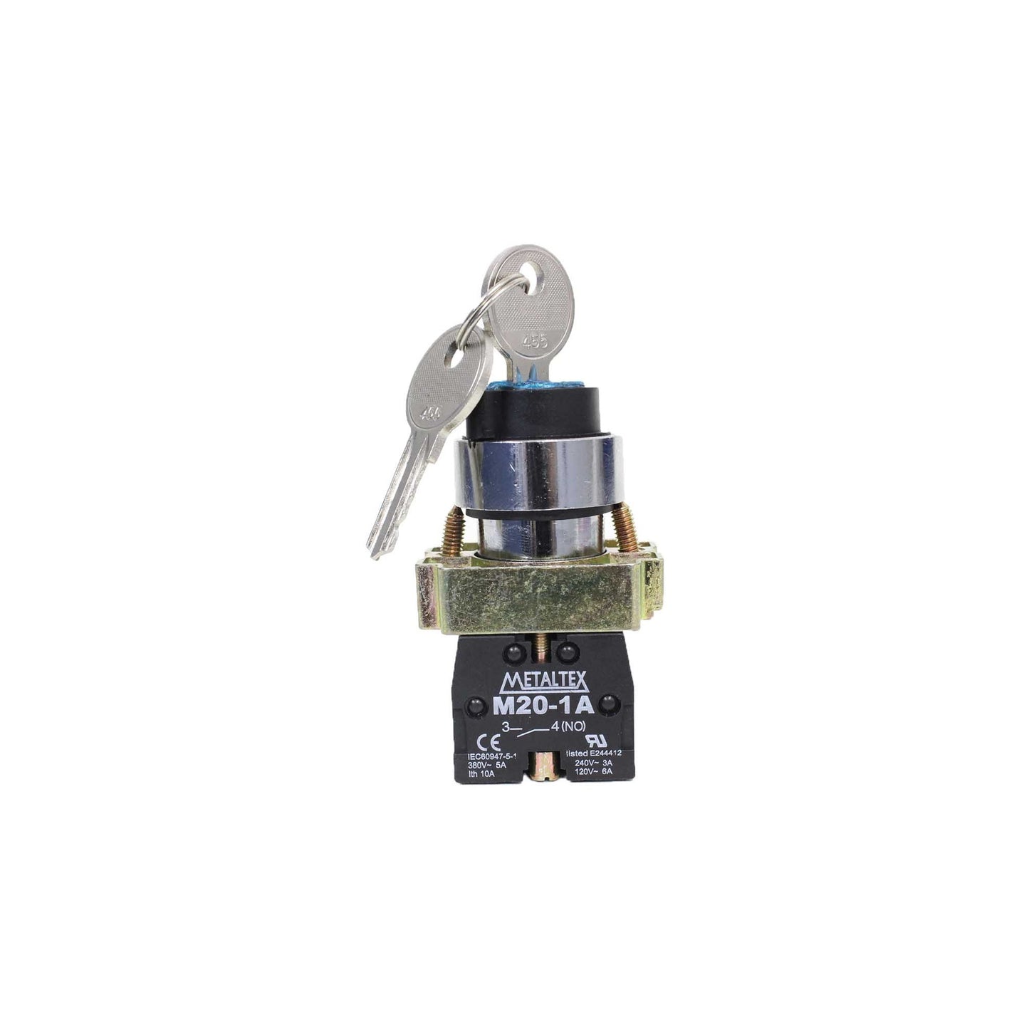 Selector con llave metálico 2 y 3 posiciones fijas 22mm serie M20 - 2NA - 4 - 3 Posiciones fijas 45°