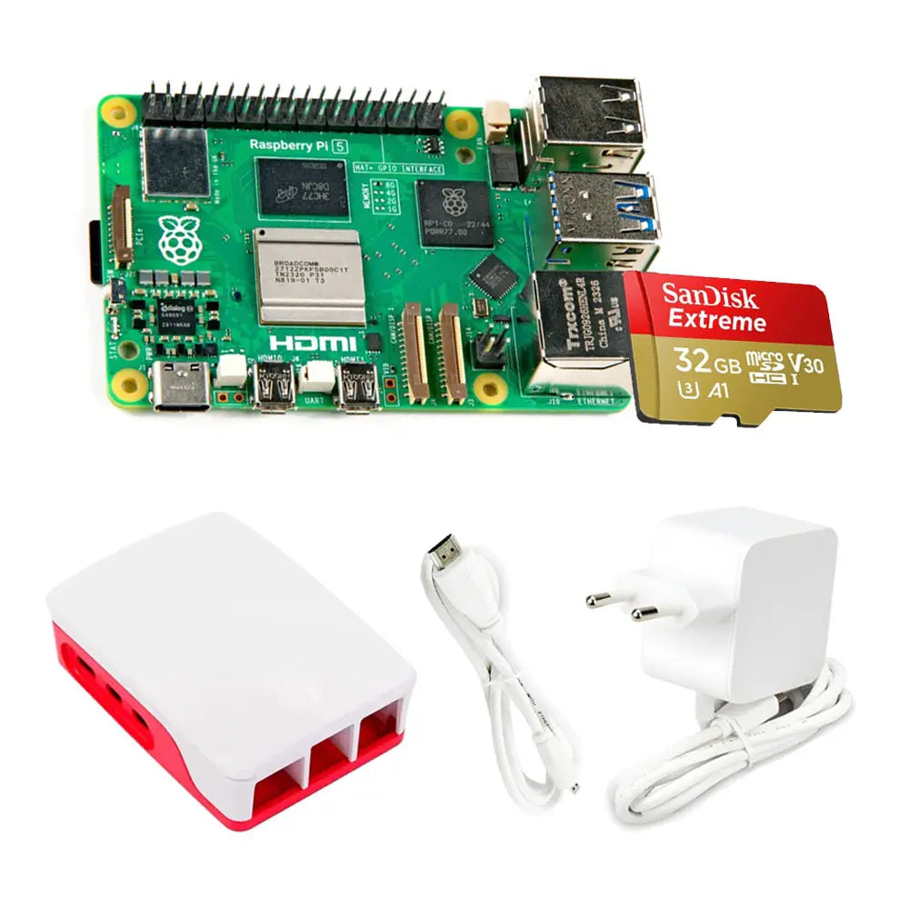 Conjunto Raspberry Pi 5 de 8GB acompañado de memoria Sandisk Extreme de 32GB con velocidad de 100 MB/s