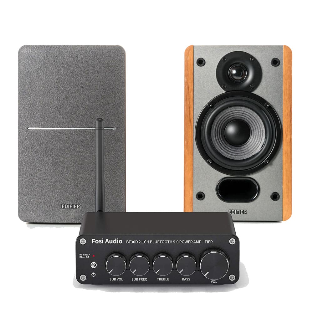Sistema de Reproducción Compuesto por Amplificador Fosi Audio BT30D con Tecnología Bluetooth + Altavoces Pasivos de Alta Fidelidad Edifier P12 con Potencia de 20W