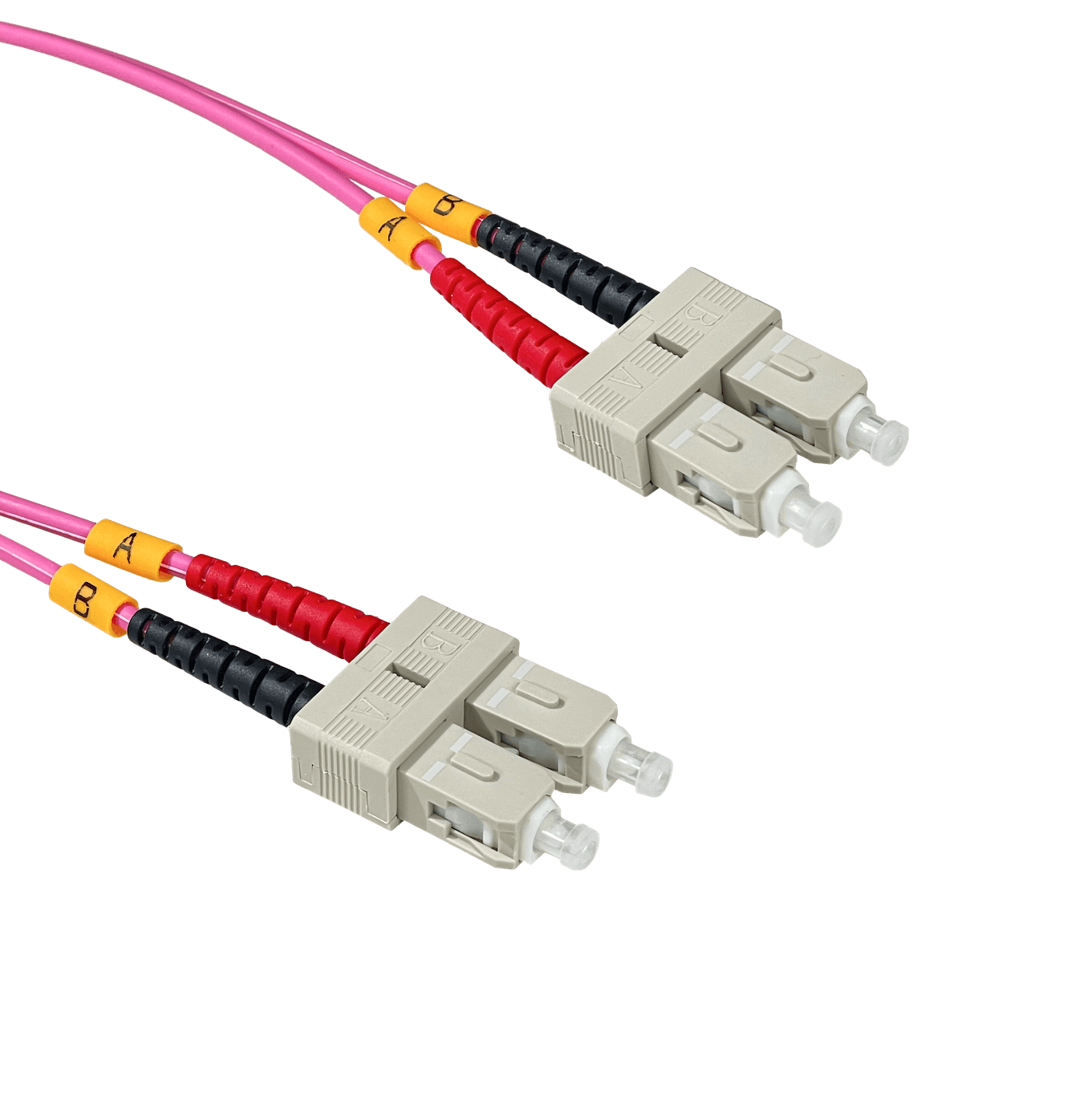 JF4CC100. Cable puente de fibra óptica multimodo OM4 dúplex SC a SC de 100 metros, cubierta LSZH, núcleo de 50/125 µm y diámetro de 3 mm.