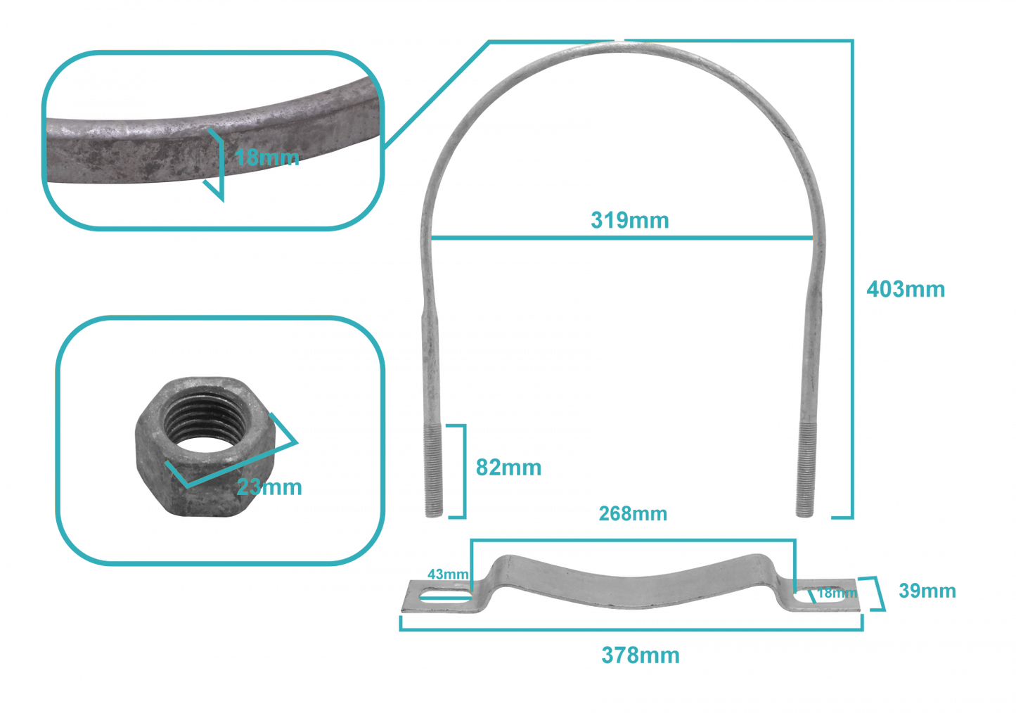 KTL0320. Abrazadera galvanizada de 310 mm para poste circular con rango de ajuste 303–319 mm y tuercas de 23 mm.