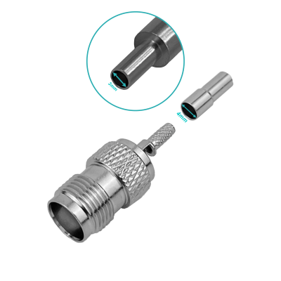 TH1C. Conector coaxial hembra TNC crimpeable para cable RG316, compatible también con RG174, referencia CA100.