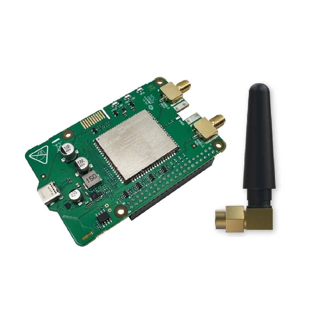 Módulo Teltonika CALYX para Raspberry Pi HAT+ con conectividad 4G LTE y antena SMA móvil en ángulo