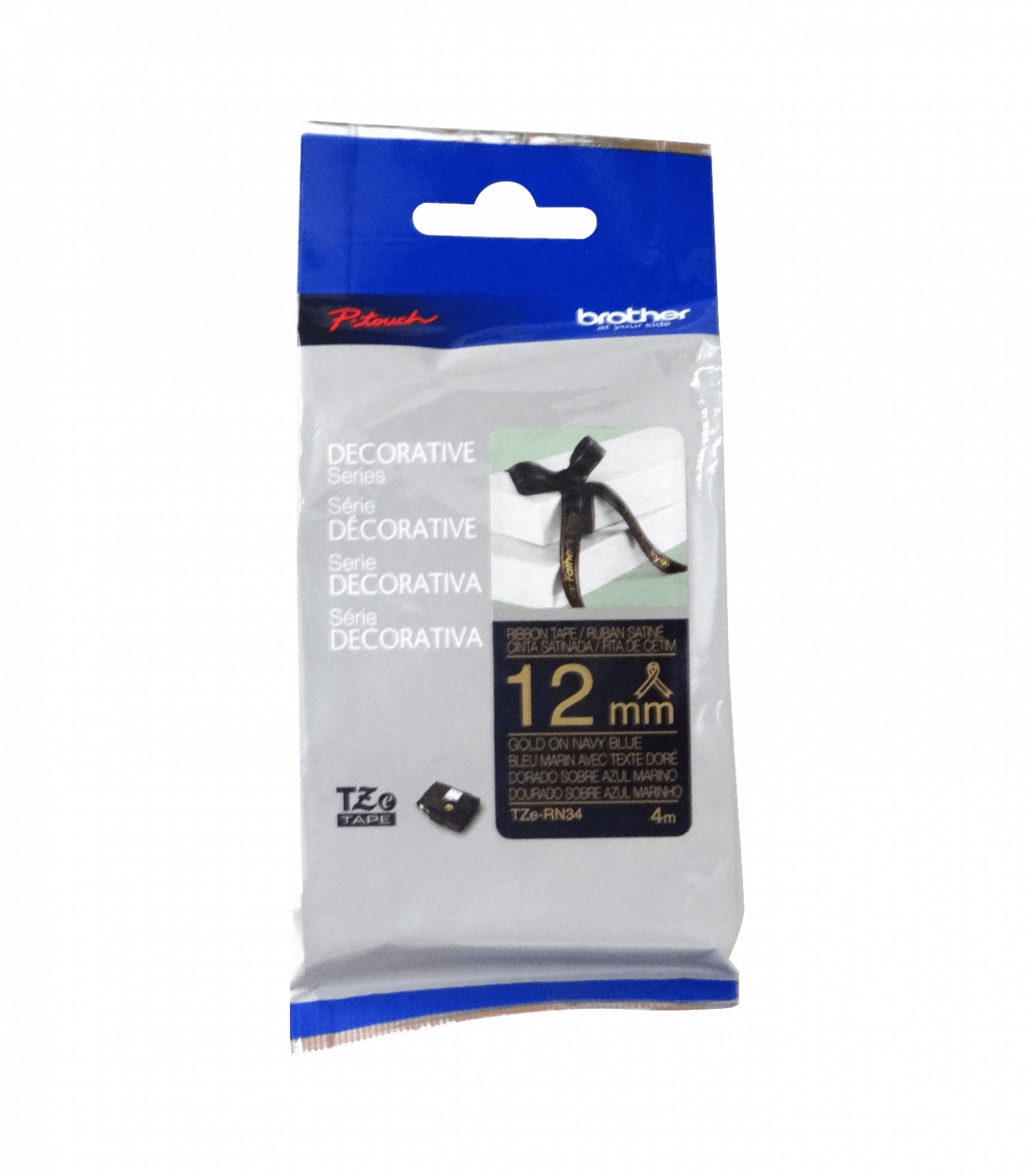 TZE-RN34 BROTHER Satin 12mm Dorado en Fondo AzulMarino Cinta 4mt p/PT-H110/H200