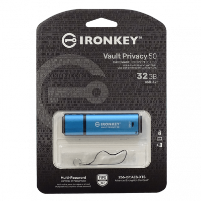 PD-32A. Memoria USB Kingston IronKey IKVP50 de 32 GB con conector USB-A y cifrado AES de 256 bits