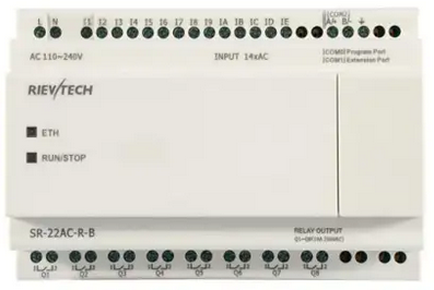 PLC SR-22AC-R-B, 14 entradas digitales 110-240VAC, 8 salidas relé, sin LCD, Rievtech