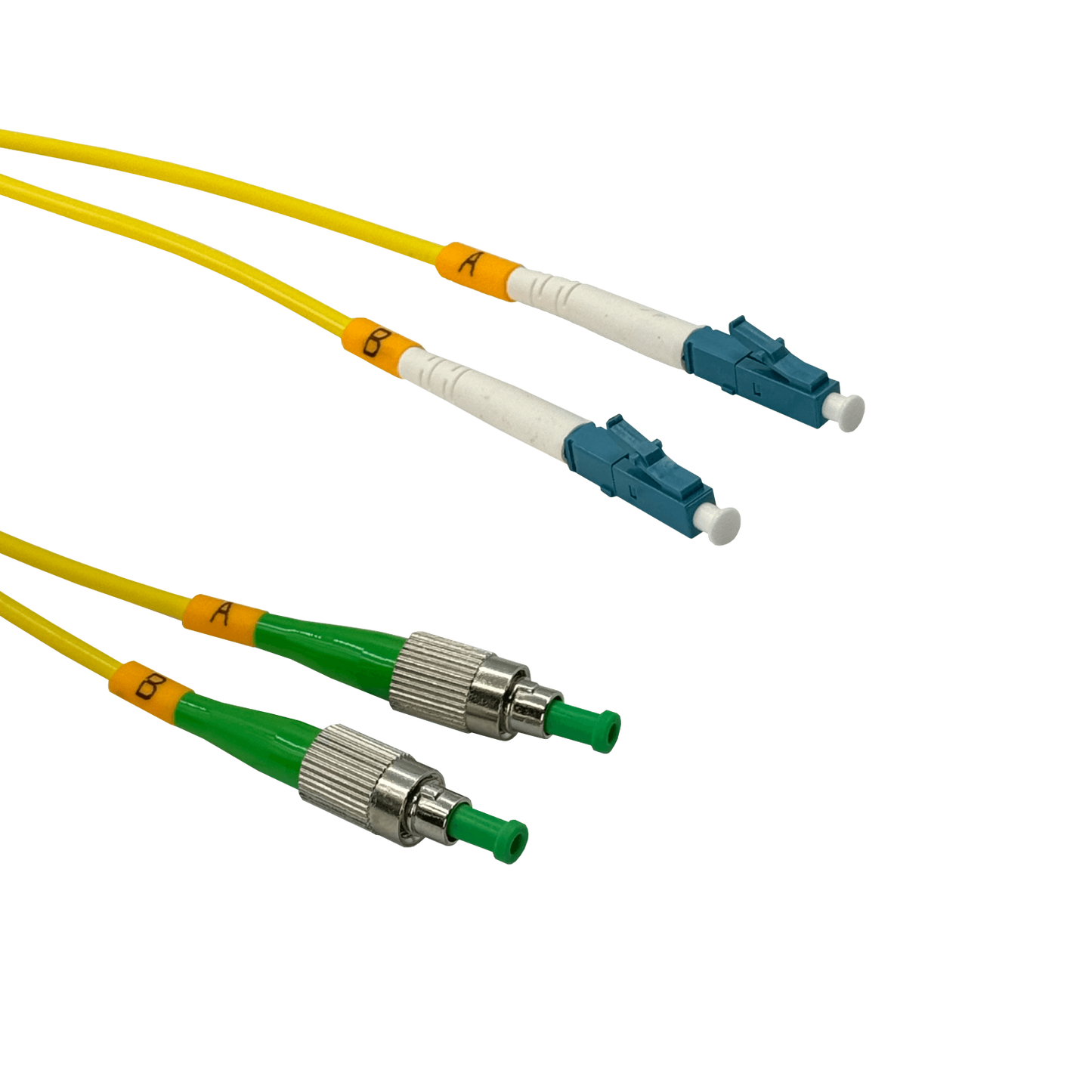 JFSHL5. Cable puente de fibra óptica dúplex monomodo SM de 5 metros con conectores FC/APC a LC/UPC, núcleo de 9/125 µm y cubierta de 3 mm