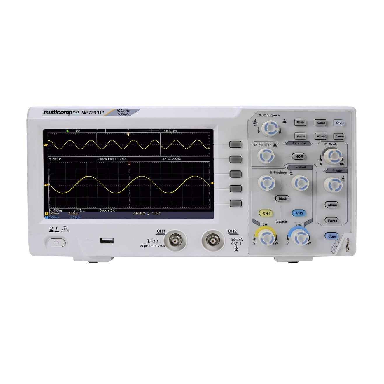 Osciloscopio analógico de 2 canales, 100 MHz de ancho de banda, velocidad de muestreo 1 GSPS, profundidad 10 kpts, resolución temporal 3,5 ns / MP720011 US