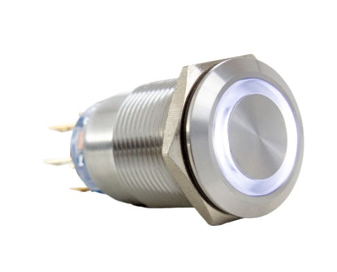 Botón metálico antivandalismo iluminado, Ø19mm, alternado, blanco, 24VCA/CC