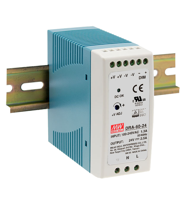 Fuente de poder Riel DIN 60W ajustable 3 en 1 plástico DRA-60 - 24V