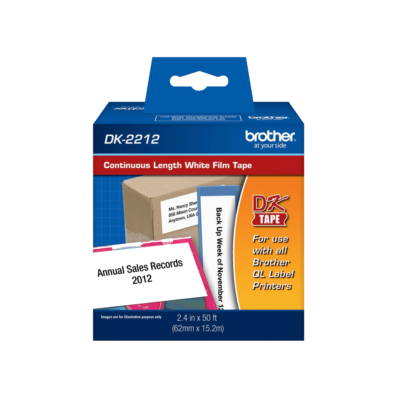 DK2212. Rollo continuo adhesivo plastificado de 62 mm de ancho y 15,2 m de largo, impresión negra sobre fondo blanco, compatible con equipos QL de Brother.