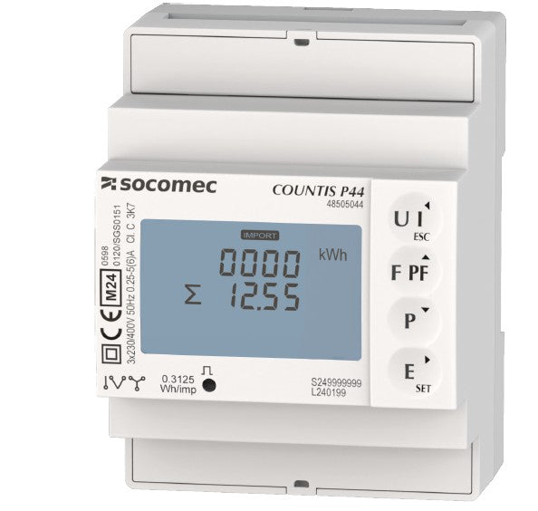 Medidor de energía trifásico a través TC Countis P44 con comunicación MODBUS RS-485, marca Socomec (Francia)
