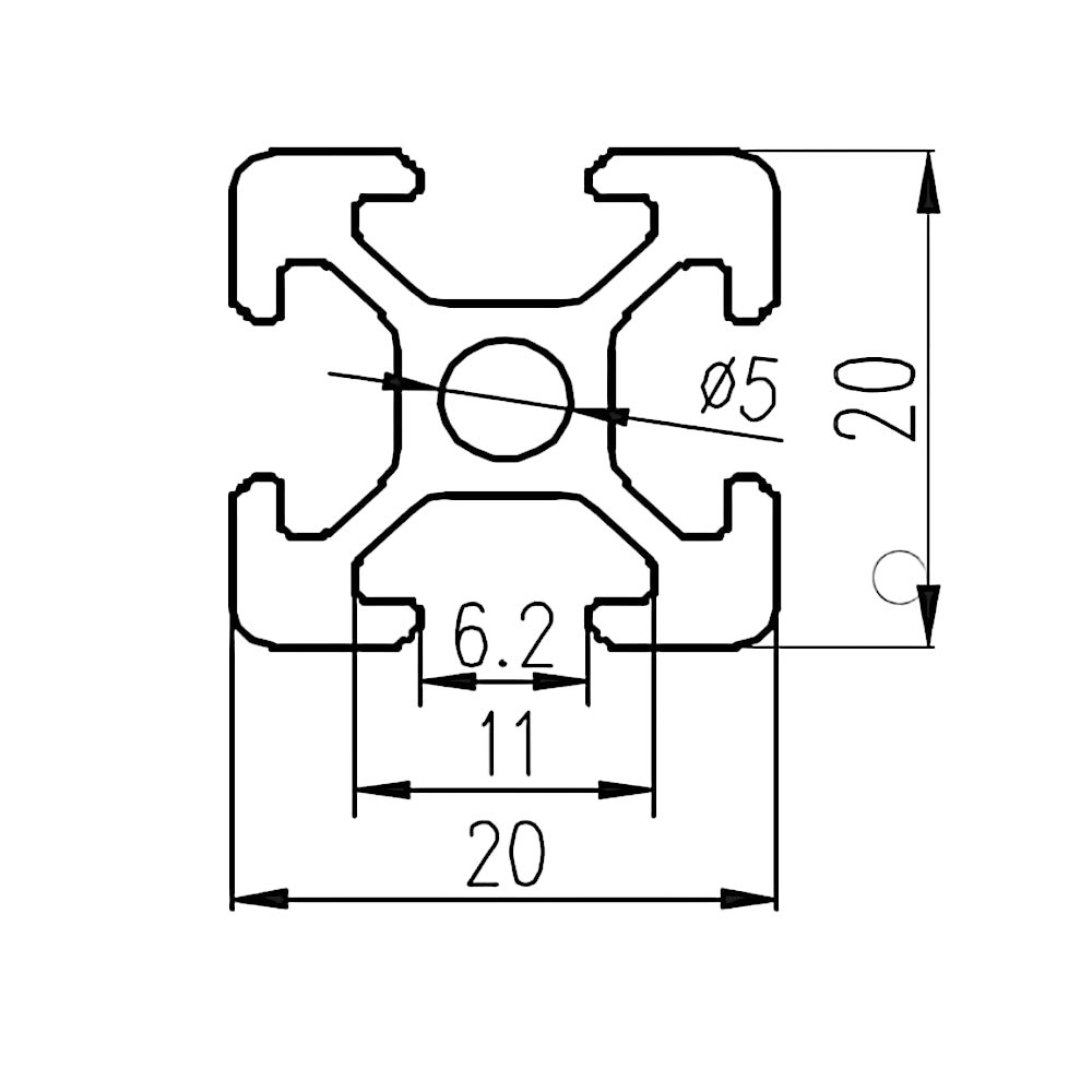 Perfil de aluminio estructural ranurado en T de 20x20x2000 mm