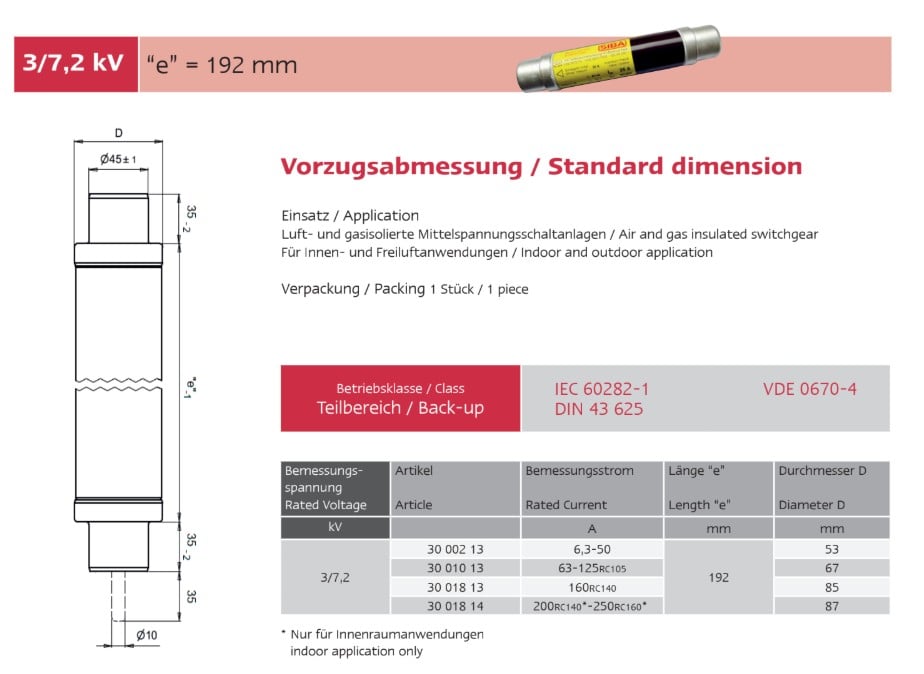 Fusibles Media Tensión SIBA(Alemania), 3/7,2 kV , Back-up, e=192mm - 25A