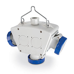 ADAPTADOR MULTIPLE IP66 CON 3 SALIDAS CON COLGANTE, 3 TOMAS 2P+T 16A 250V Y ALIMENTACION DE ENCHUFE 2P+T 16A 250V