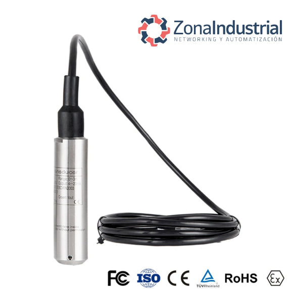 Sensor de nivel hidrostático 28mm 0-3m para pozo agua 4-20mA 08 metros de cable 0.25%FS