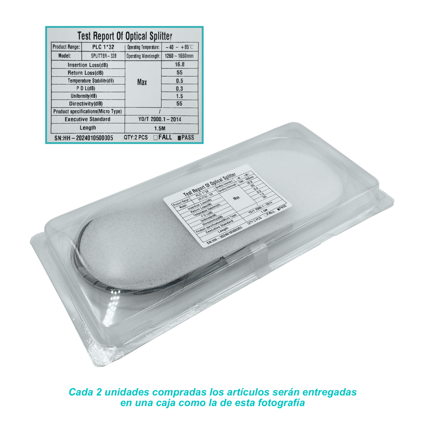SPLITTER-32B. Divisor óptico 1x32 sin conectores para EPON/GPON, 1,5m requiere fusión, rango 1260-1650nm