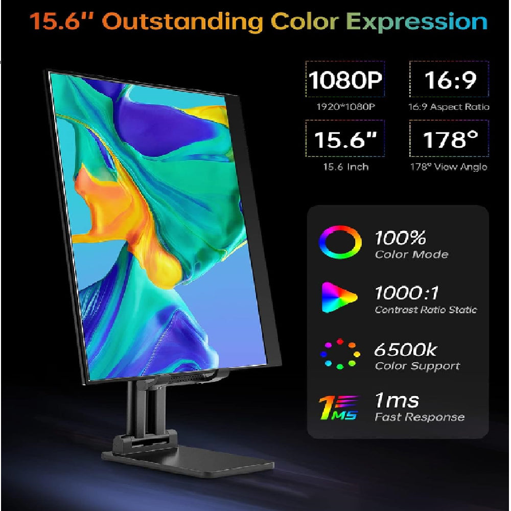 Pantalla Portátil Vilva 15,6″ Resolución 1080P FHD Tecnología IPS con Puertos USB-C HDMI Funda Protectora y Bocinas Acabado Negro