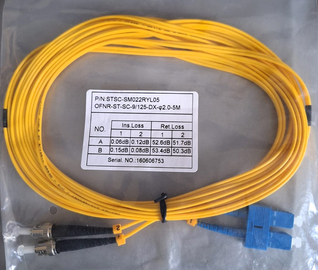 Jumper 5M ST/UPC-SC/UPC 9/125 OS2 Duplex Single Mode Fiber Optic Patch