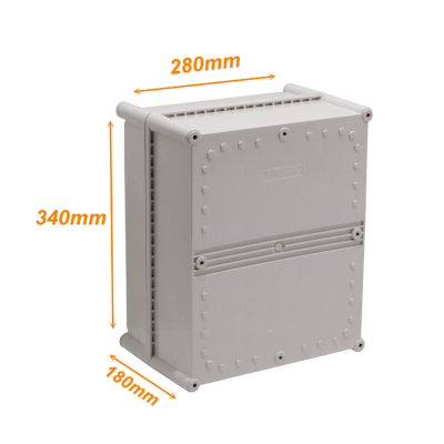 TJ-AG-3428-1. Caja plástica TIBOX de 340 x 280 x 180 mm con tapa gris, placa de montaje incluida, protección IP66 y certificación RoHS