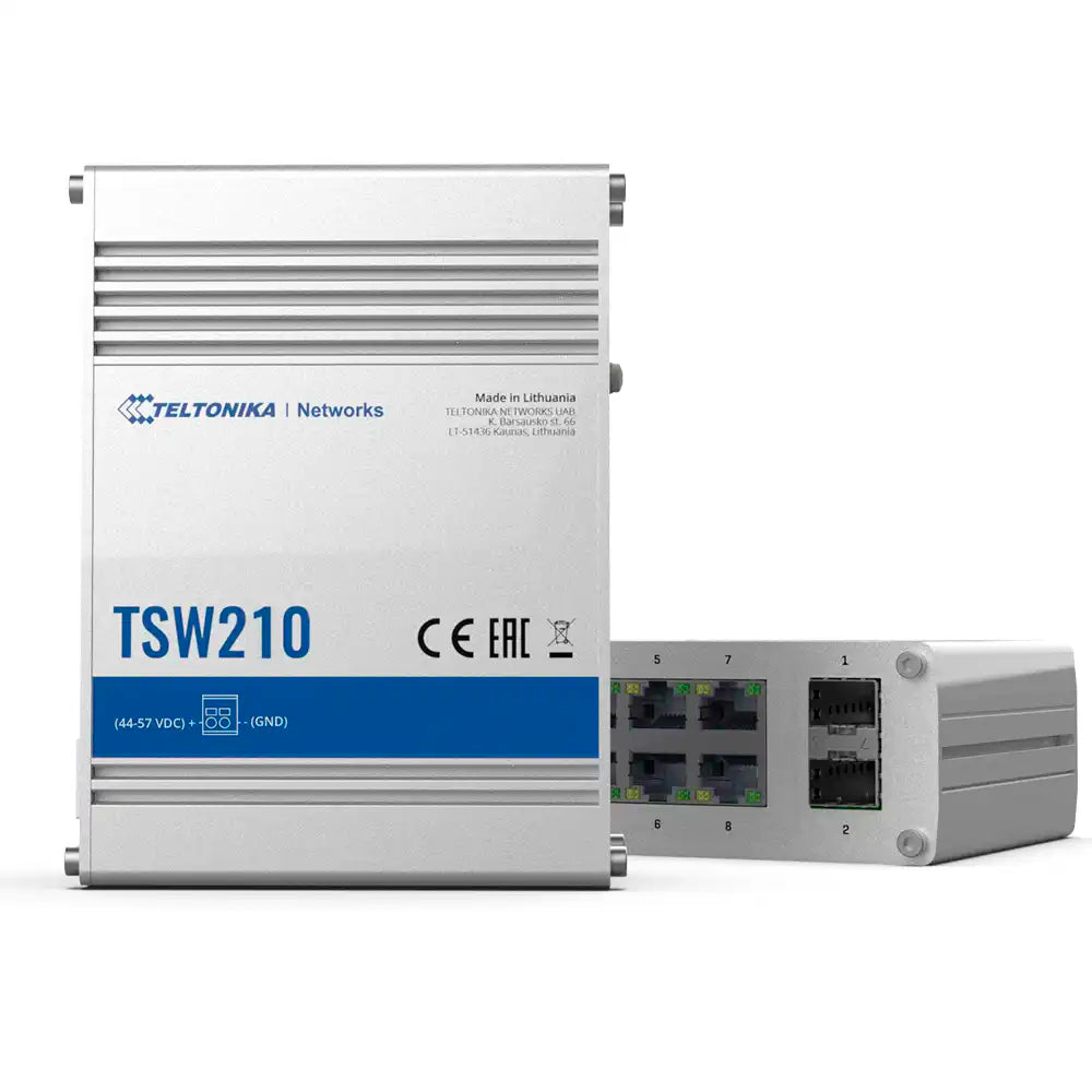 Conmutador de Red Teltonika TSW210, 8 puertos Ethernet RJ45 velocidad 10/100/1000 Mbps, 2 puertos fibra óptica SFP