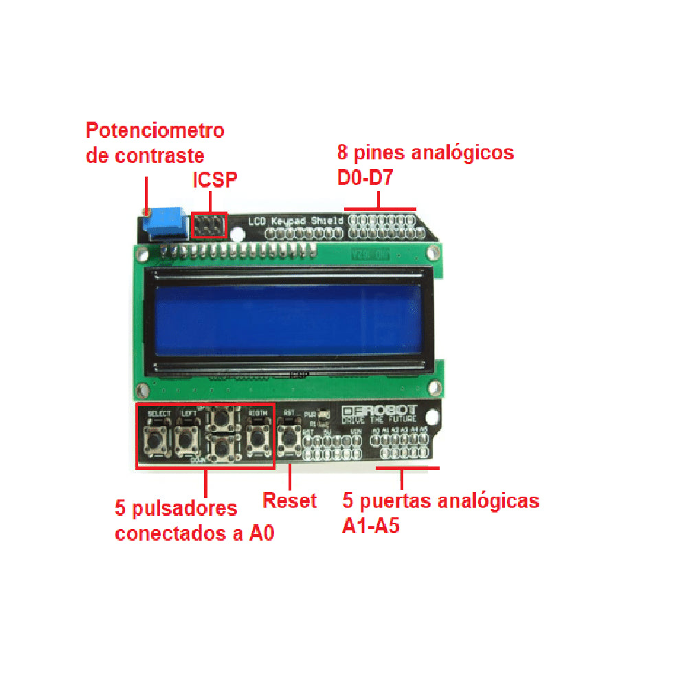 Módulo Pantalla LCD Teclado 16×02 para Arduino – Incluye 5 Pulsadores