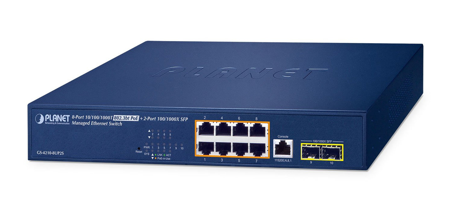 Switch Ethernet Administrado SFP 100/1000X de 8 Puertos 10/100/1000T 802.3bt PoE + 2 Puertos