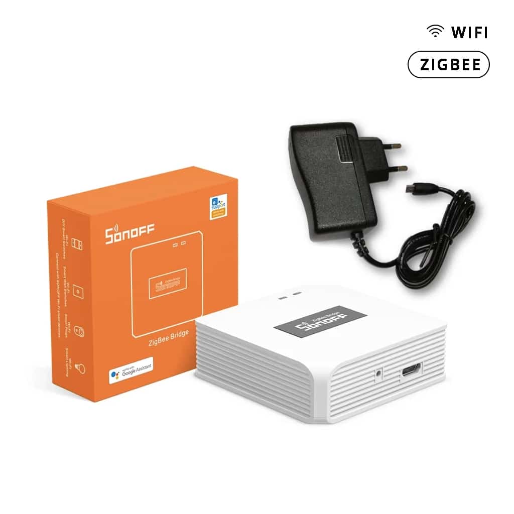 Concentrador Sonoff Zigbee Pro acompañado de adaptador de corriente