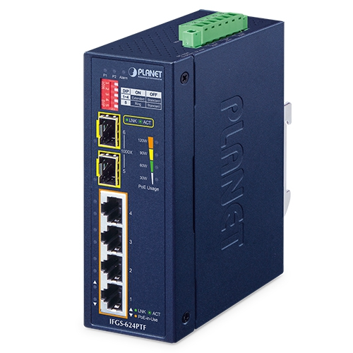 Switch Ethernet Industrial IFGS-624PTF de 4 Puertos 10/100TX 802.3at PoE + 2 Puertos 1000X SFP en Anillo