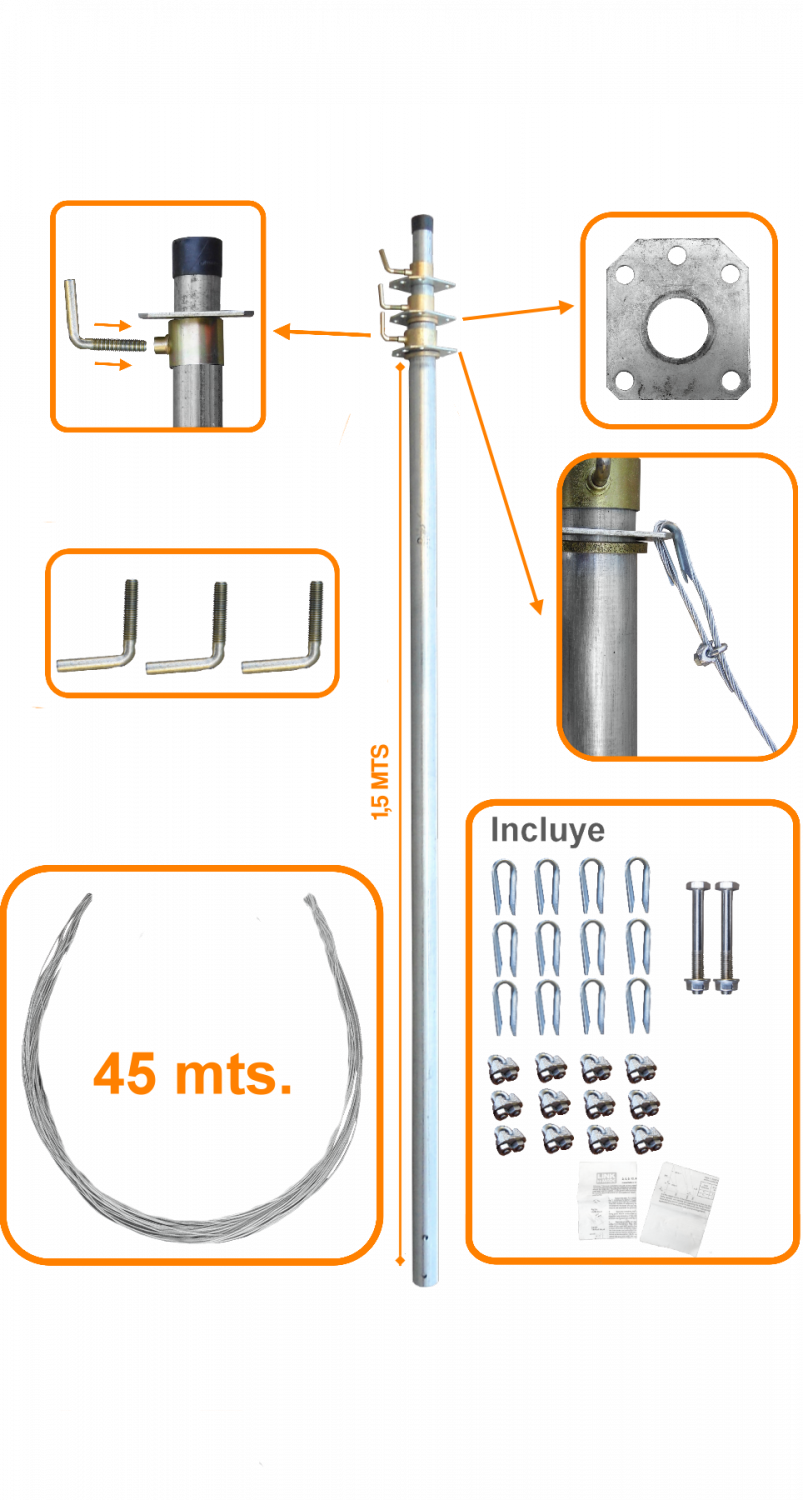 MAST-15 LINKMADE Mástil extensible de 4,5 metros con obenques, compuesto por 3 secciones de 1,5 metros
