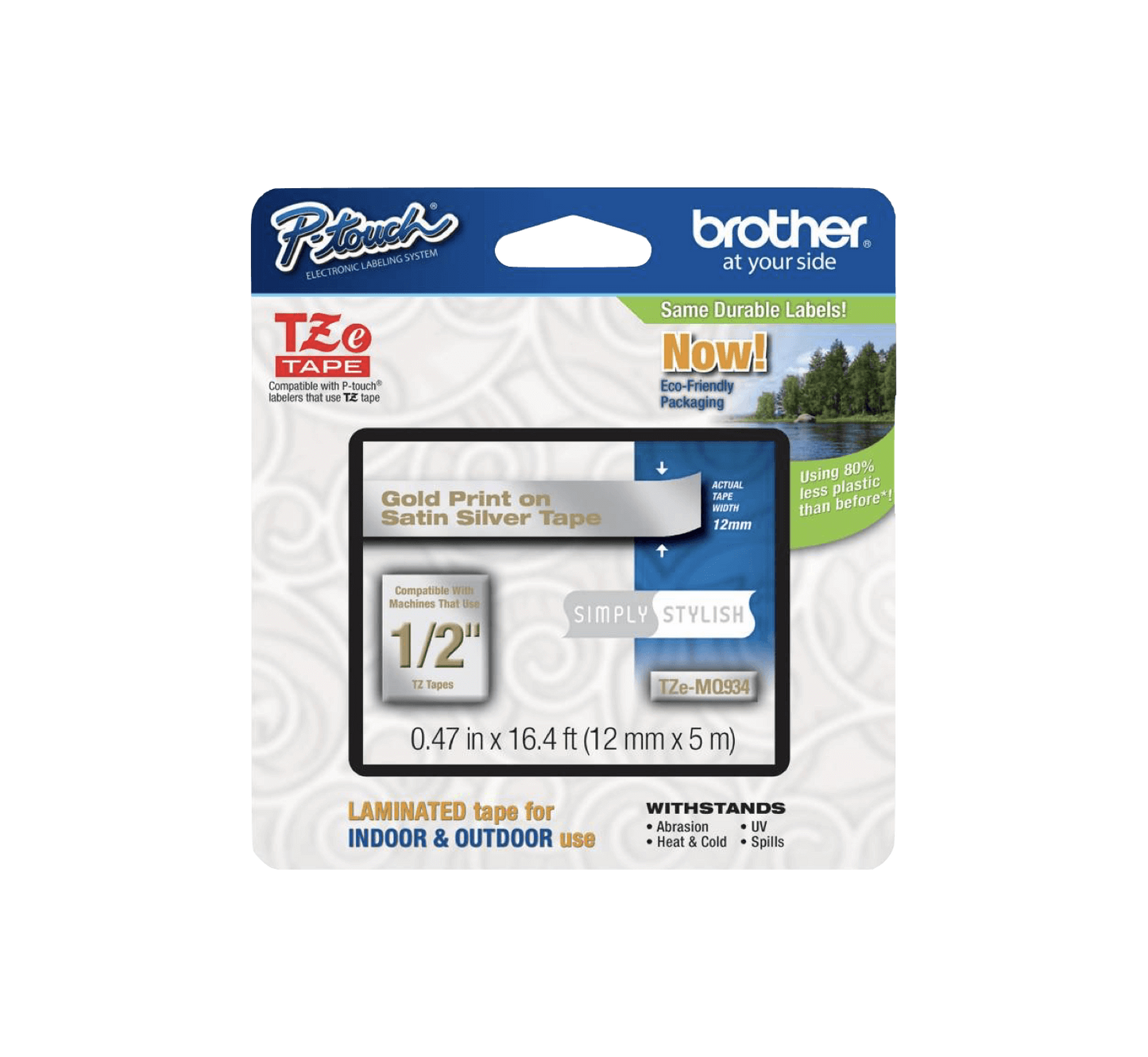 TZE-MQ934 BROTHER Cartucho de Etiqueta 12mm Texto Dorado sobre Cinta Gris Satén Largo 5m Compatible PT-H110/H200/E110