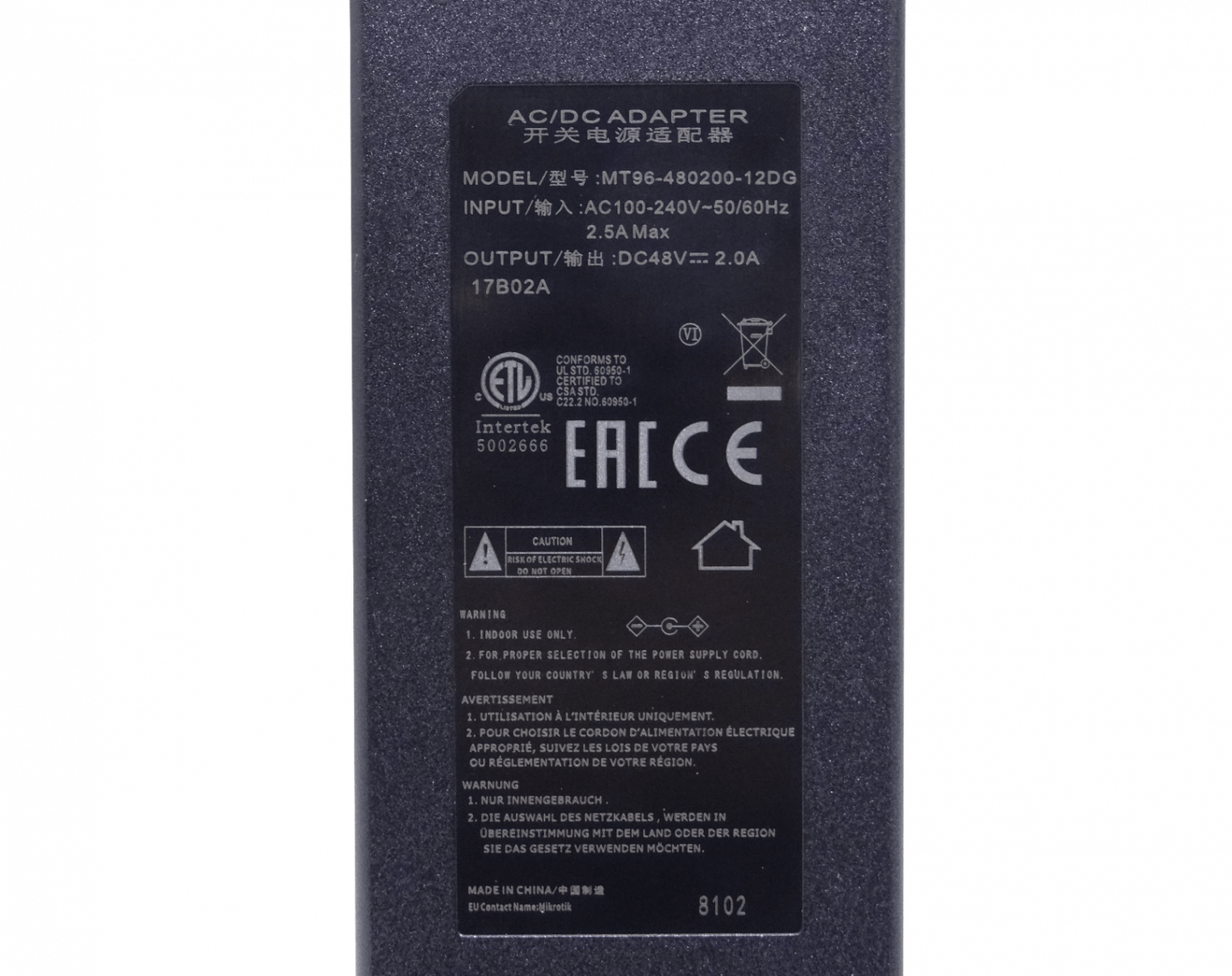 F48-W96 MIKROTIK Adaptador de alimentación de 48 VCC y 96 W (2,0 A), conector tipo plug de 5,5 x 2,1 mm, modelo 48V2A96W, necesita cable de conexión eléctrica.