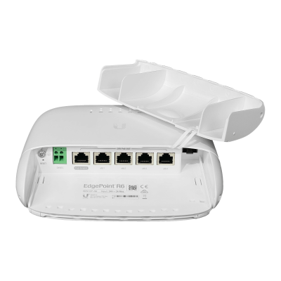 EP-R6 Router de exterior UBIQUITI con regleta de 24V, alimentación PoE pasiva de 24V y 30W, puerto SFP incluido, banda de 5 GHz y alcance de hasta 1000 metros.