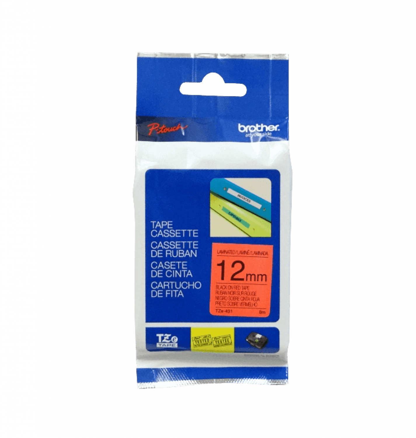 TZE-431 BROTHER Cinta laminada 12mm Texto negro sobre fondo rojo 8 metros Para equipos PT-H110/E300/E550/D600
