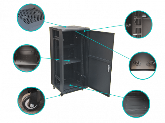 RK27-6LF Rack 27U Ciego Fondo-60cm Ancho-19pulg Piso Ruedas Bandeja-30cm PDU