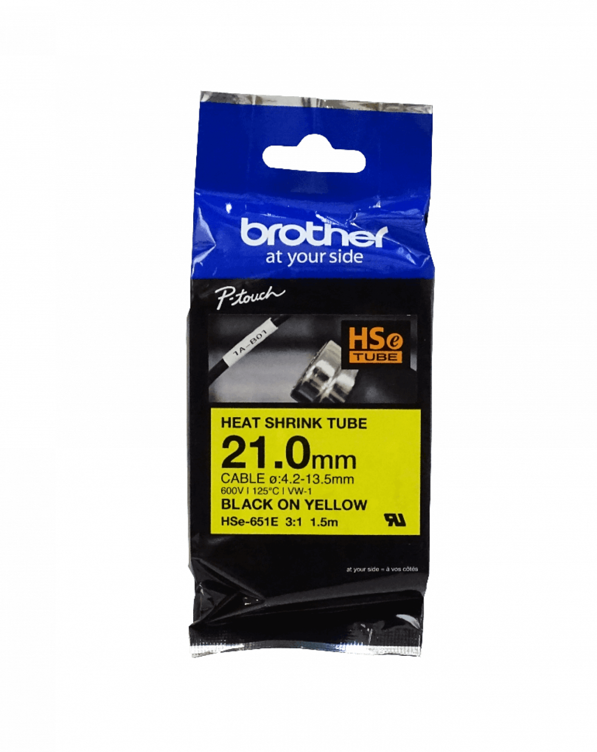 HSE-651E BROTHER 21mm Tubo Contráctil por Calor 4,2-13,5mm Negro sobre Amarillo Manga 1,5mt