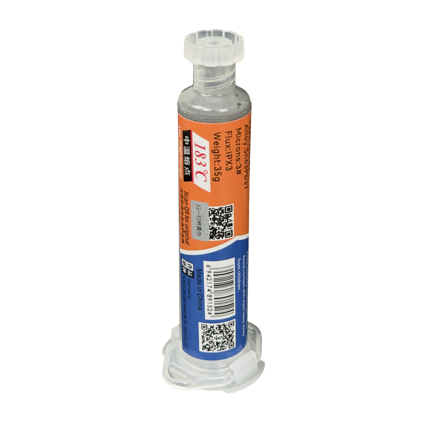 ESTA-PASTA Jeringa dispensadora de aleación para soldadura Composición estaño-plomo Sn63Pb37 Peso neto 35 gramos Punto de fusión 183 grados Celsius Tamaño de partícula 20 a 38 micrómetros Incluye dos puntas aplicadoras