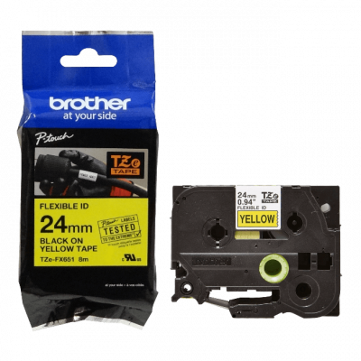 TZE-FX651 BROTHER Flex 24mm Negro en Fondo Amarillo Cinta 8mt p/PT-E550WVP/D600V