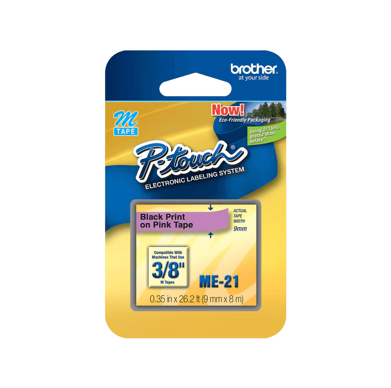 ME21 BROTHER Cartucho de Cinta de 8 metros para PT-90 con Texto Negro sobre Fondo Rosado de 9mm