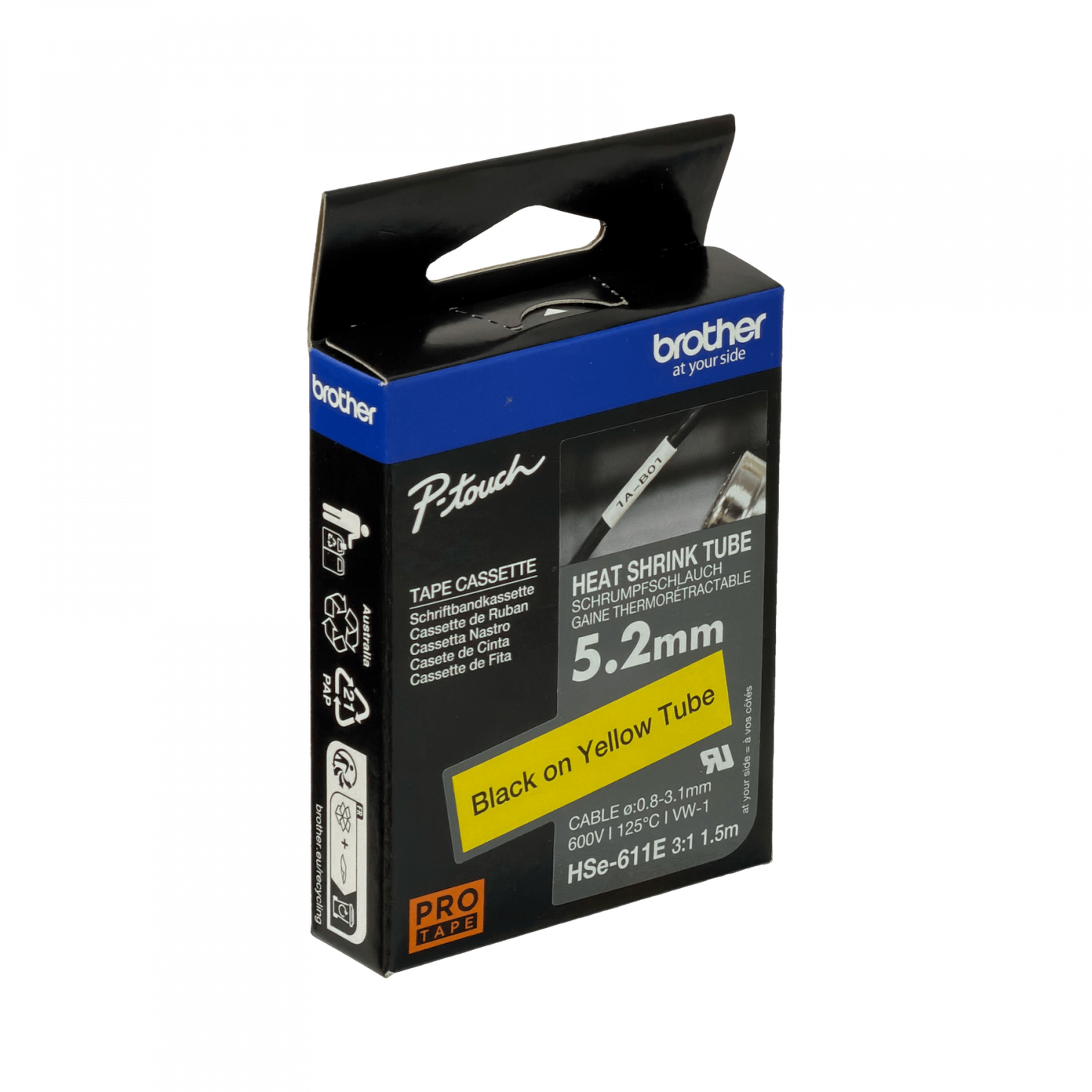 HSE-611E BROTHER 5,2mm Am Termoretractil 0,8-3,1mm Negro en Amarillo Tubo 1,5mt