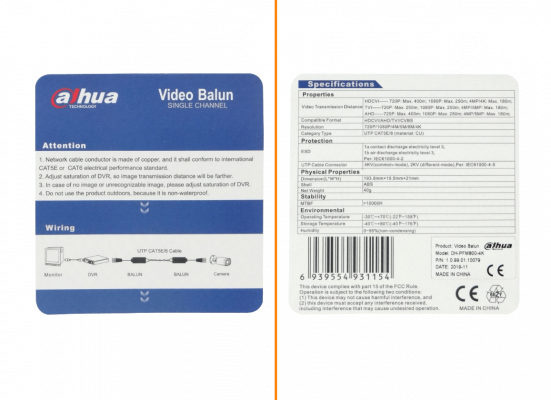 BALUN-HD4 DAHUA Transmisor de Video 4K 1-Par Conexión Rápida CAT5E/6 Pasivo CCTV BNC-Macho