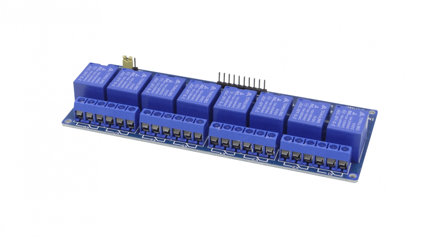 RELE-8X5 Placa de 8 Relés JQC-3FF-S-Z de 5VCC con 6 Pines, Contactos NC/NA, Indicador LED y Acoplamiento Óptico